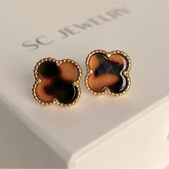 Clover Earrings Tiger Eye Onyx Stone Stud Earrings Luxury Jewelry - Picture 1 of 12